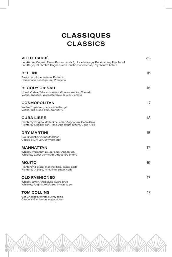 Menu, Le Bijou • Salon à cocktails