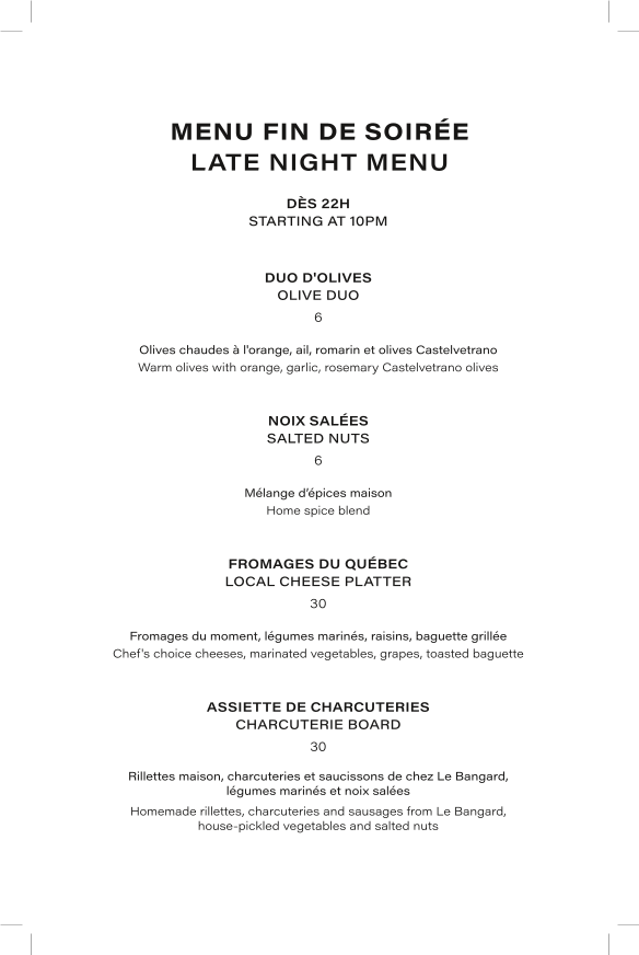 Menu, Le Bijou • Salon à cocktails