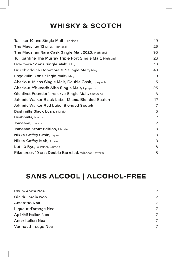 Menu, Le Bijou • Salon à cocktails