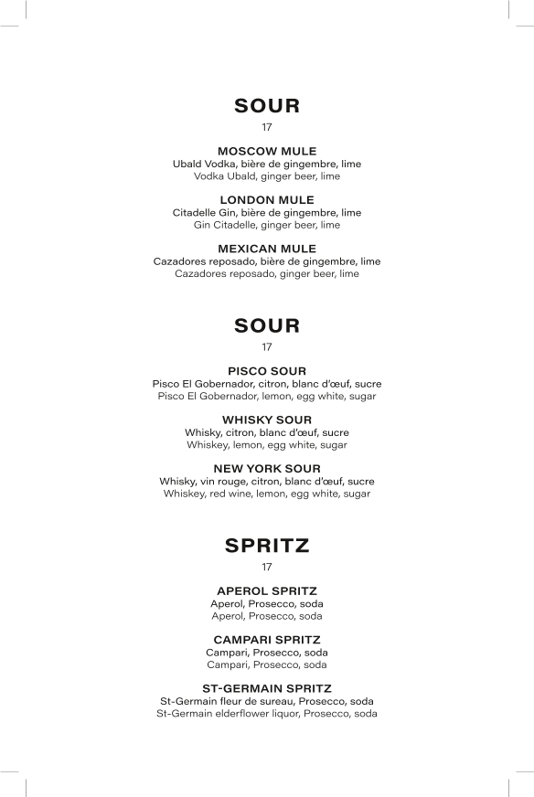 Menu, Le Bijou • Salon à cocktails