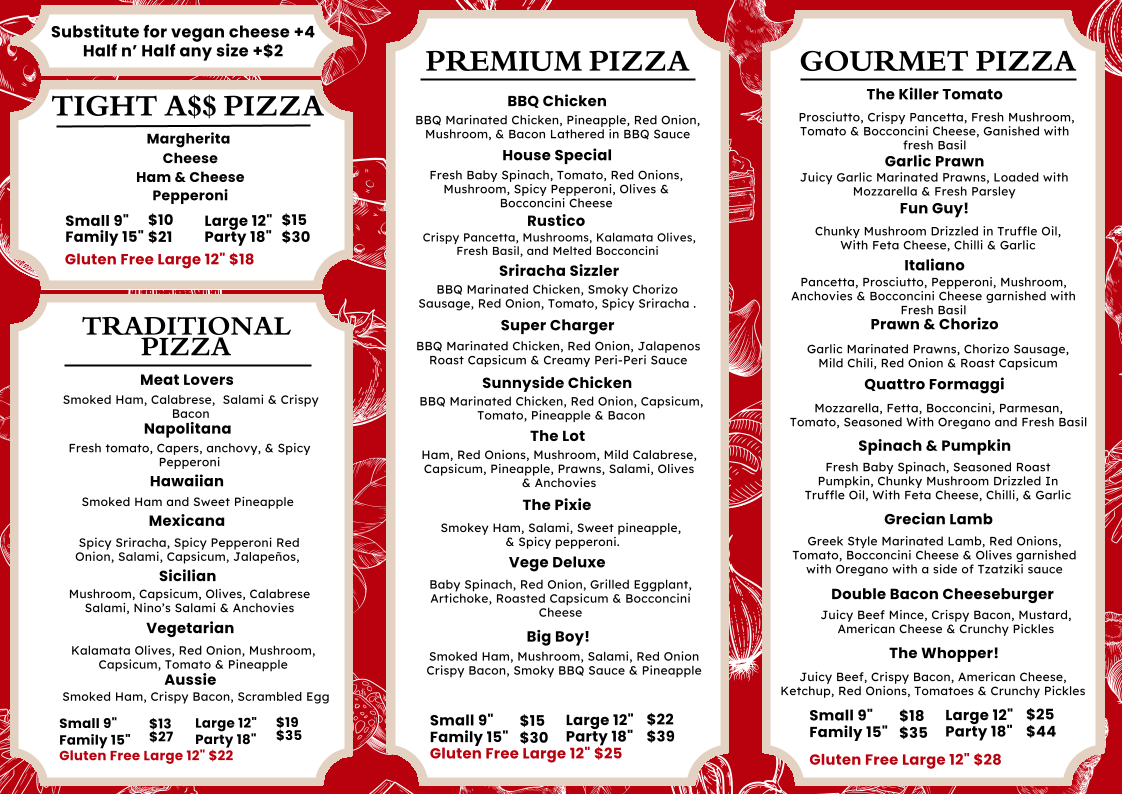 Menu, The Killer Tomato Pizzeria - Newton