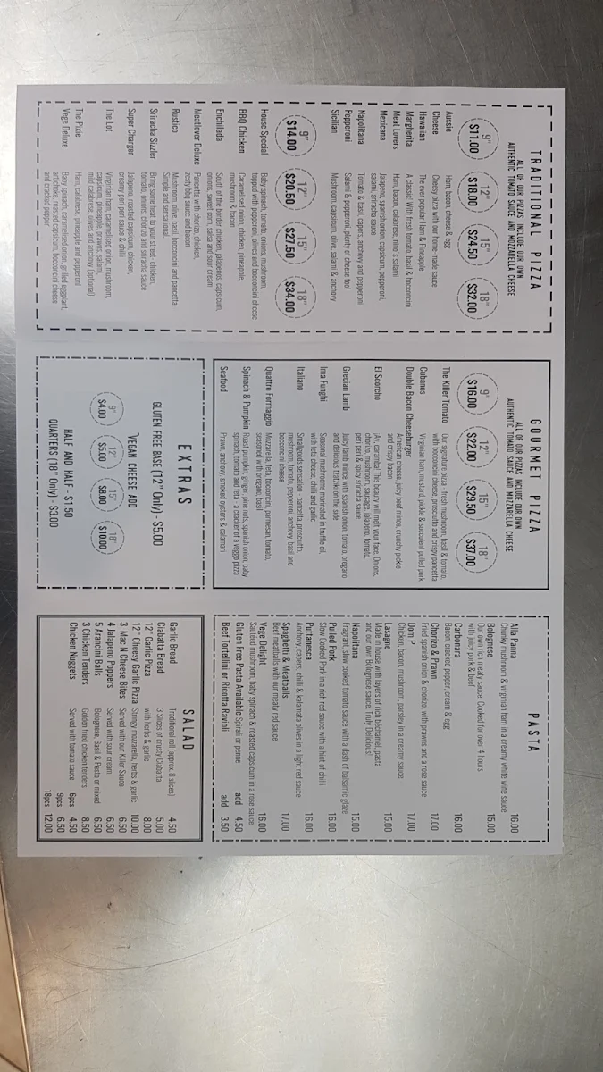 Menu, The Killer Tomato Pizzeria - Newton