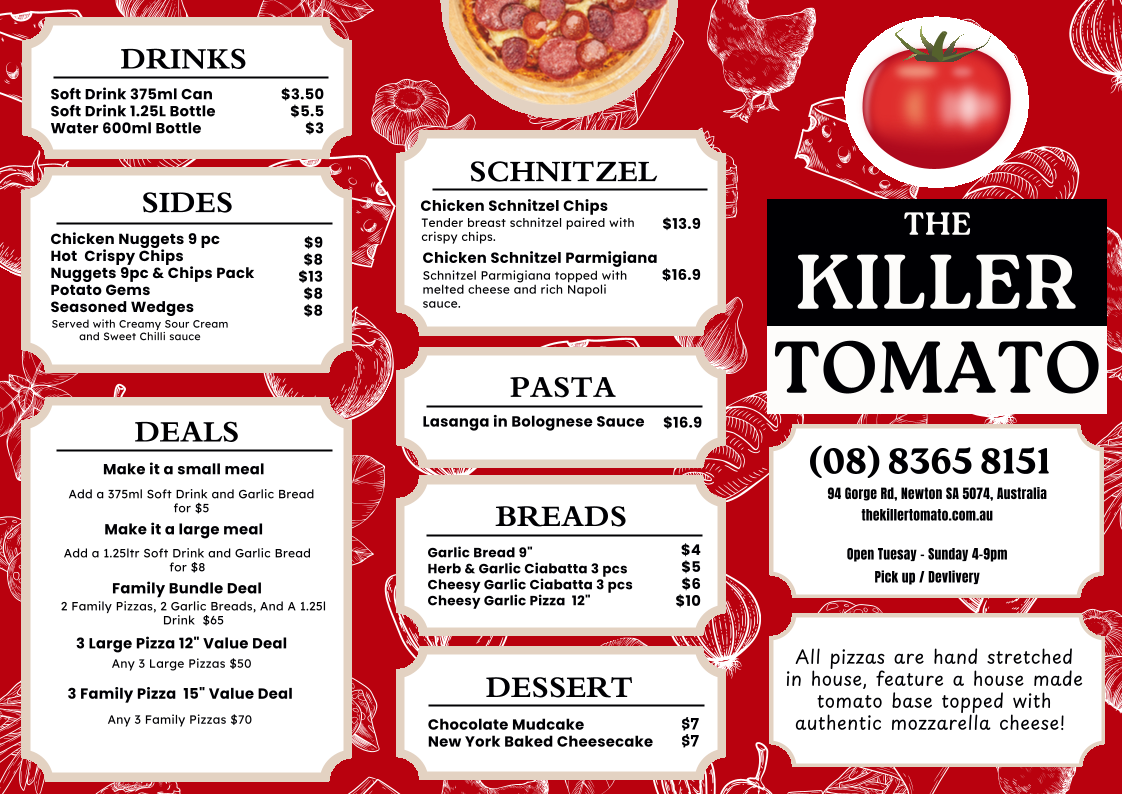 Menu, The Killer Tomato Pizzeria - Newton