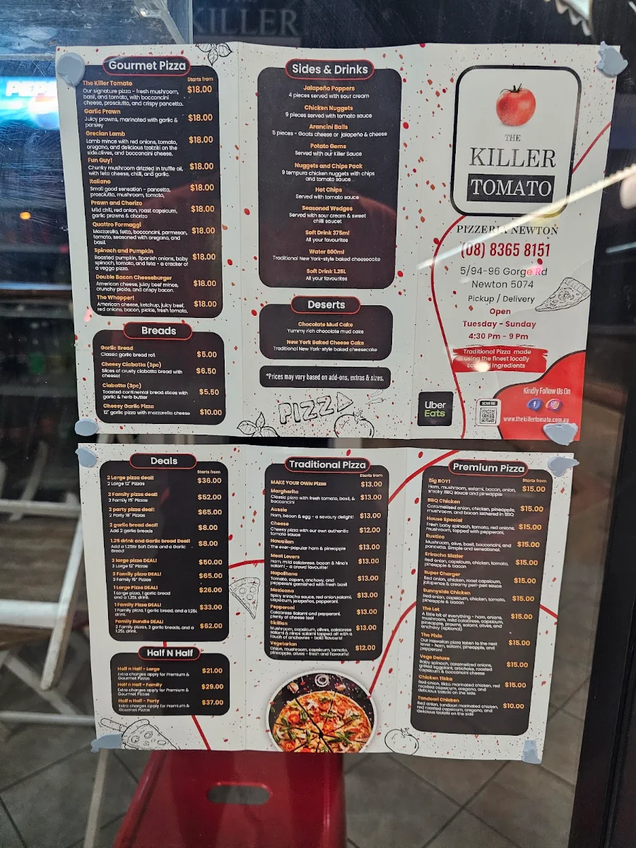 Menu, The Killer Tomato Pizzeria - Newton