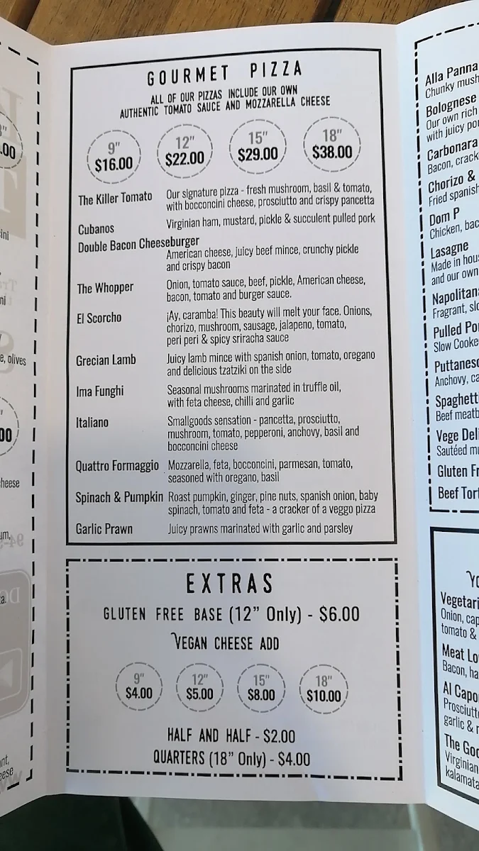 Menu, The Killer Tomato Pizzeria - Newton