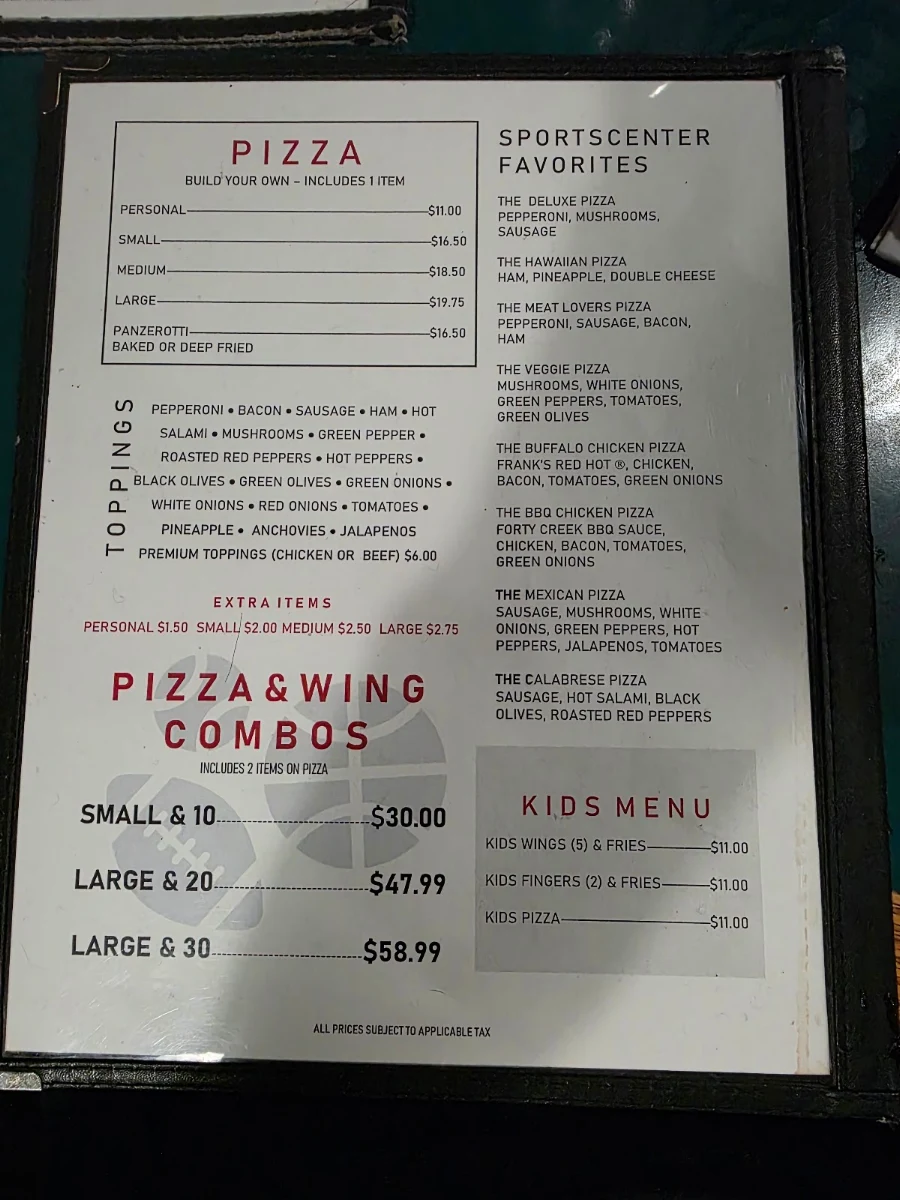 Menu, Sportscenter Bar & Grill Ltd