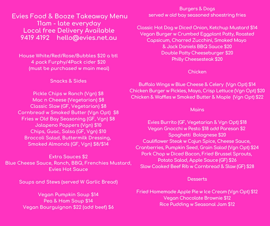 Menu, Evies Disco Diner