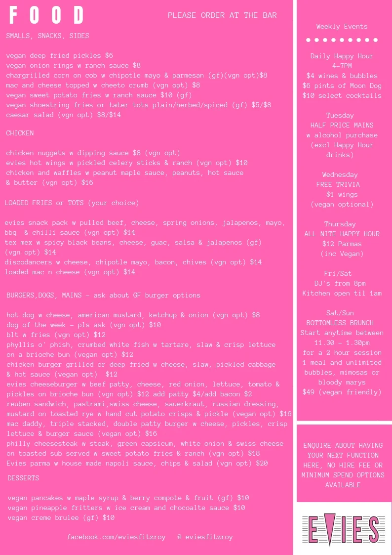 Menu, Evies Disco Diner