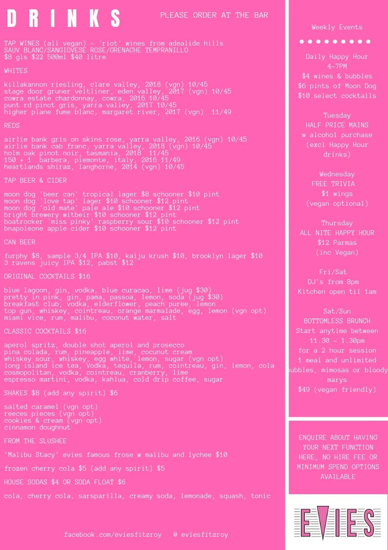 Menu, Evies Disco Diner