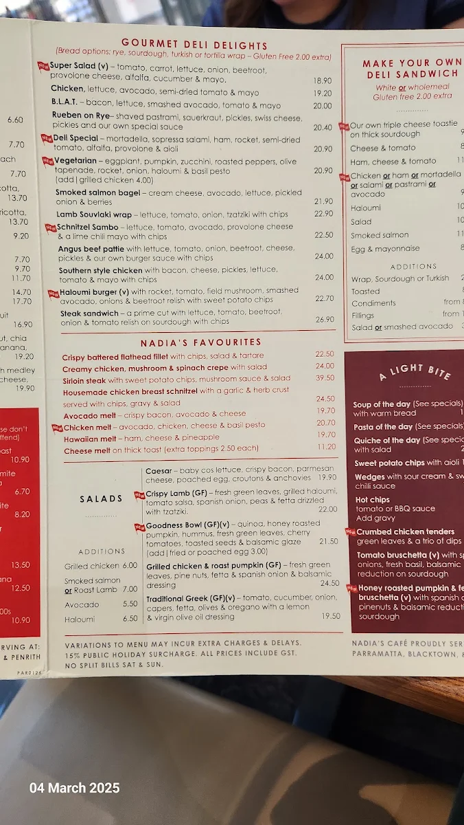 Menu, Nadia's Cafe Parramatta