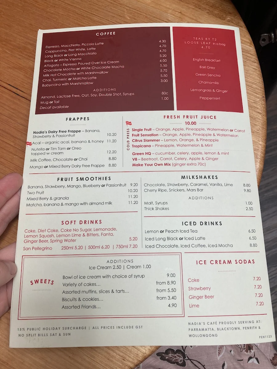 Menu, Nadia's Cafe Parramatta