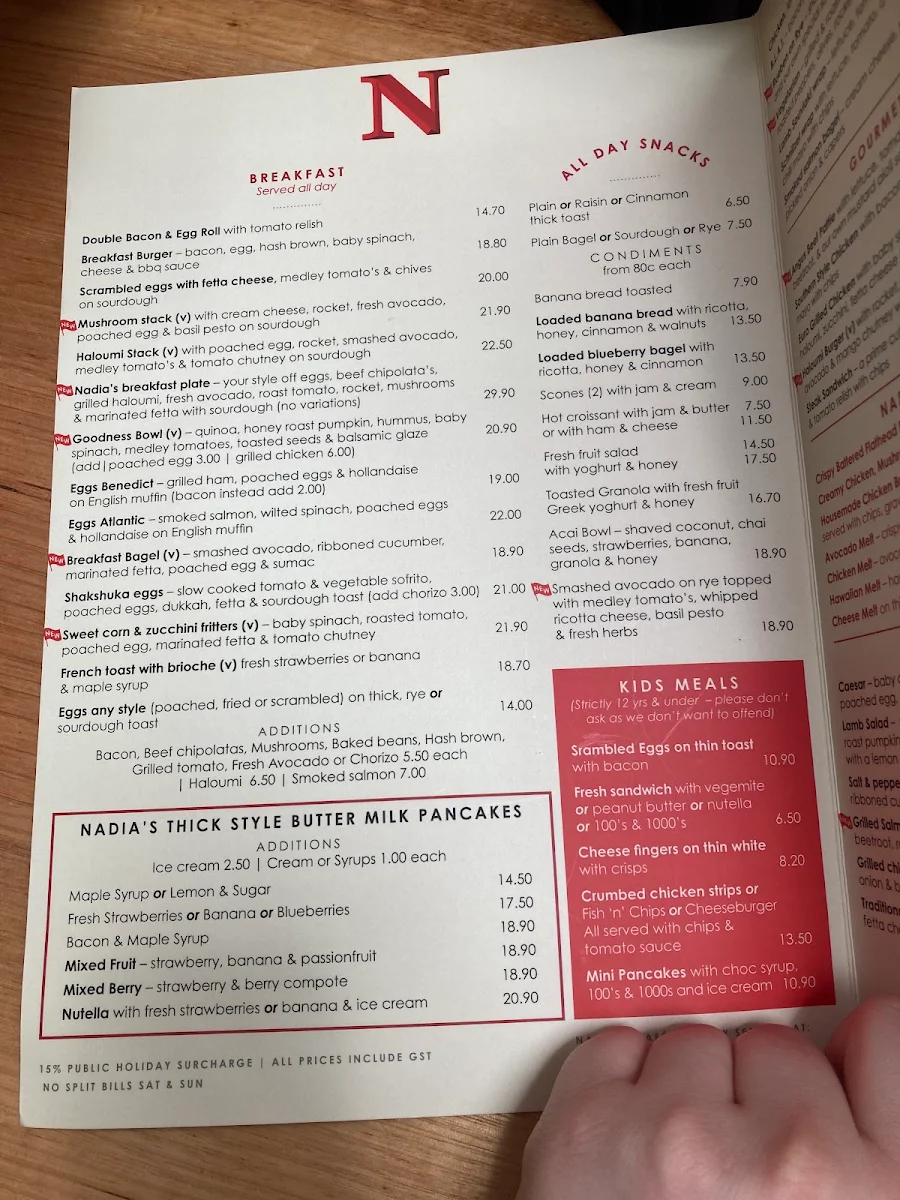 Menu, Nadia's Cafe Parramatta