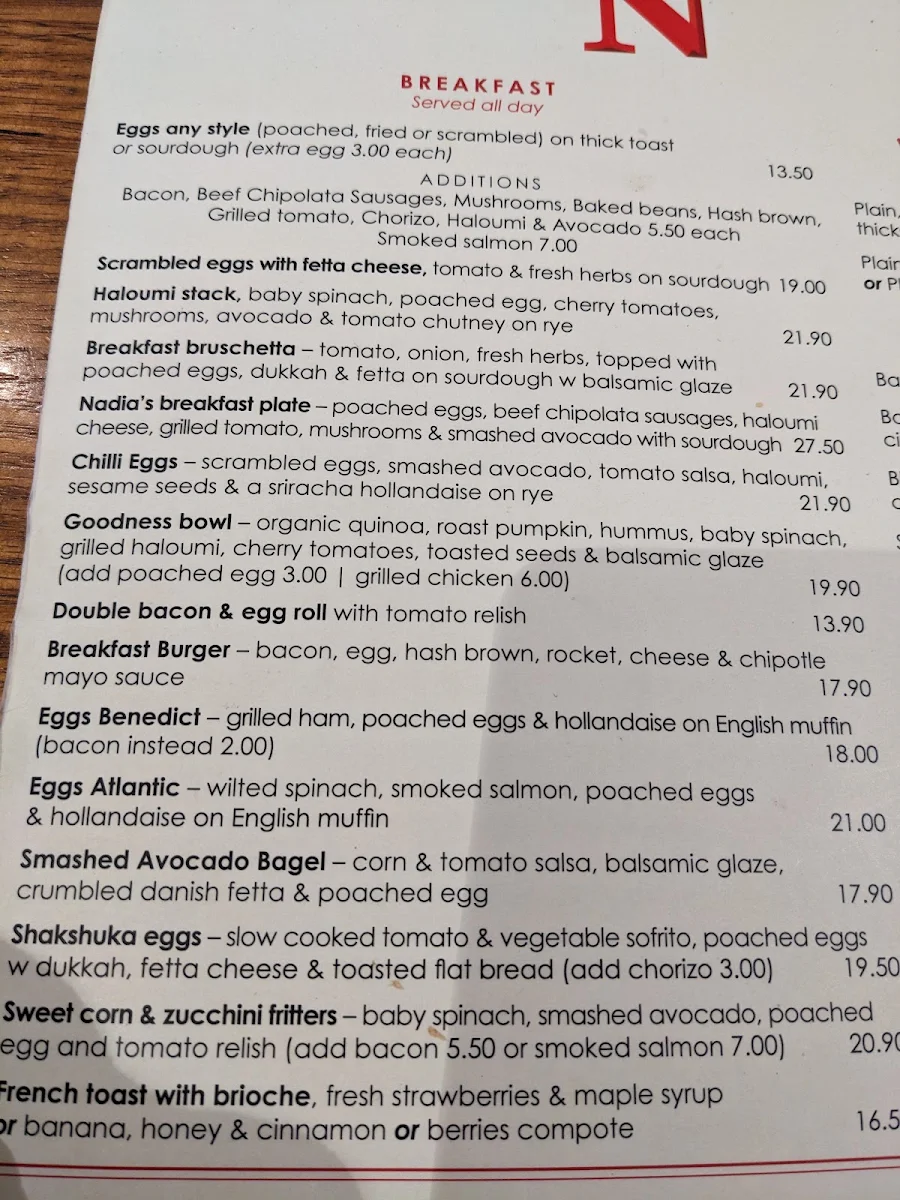 Menu, Nadia's Cafe Parramatta