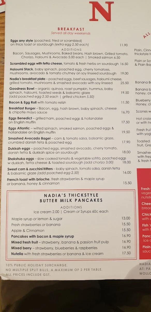 Menu, Nadia's Cafe Parramatta
