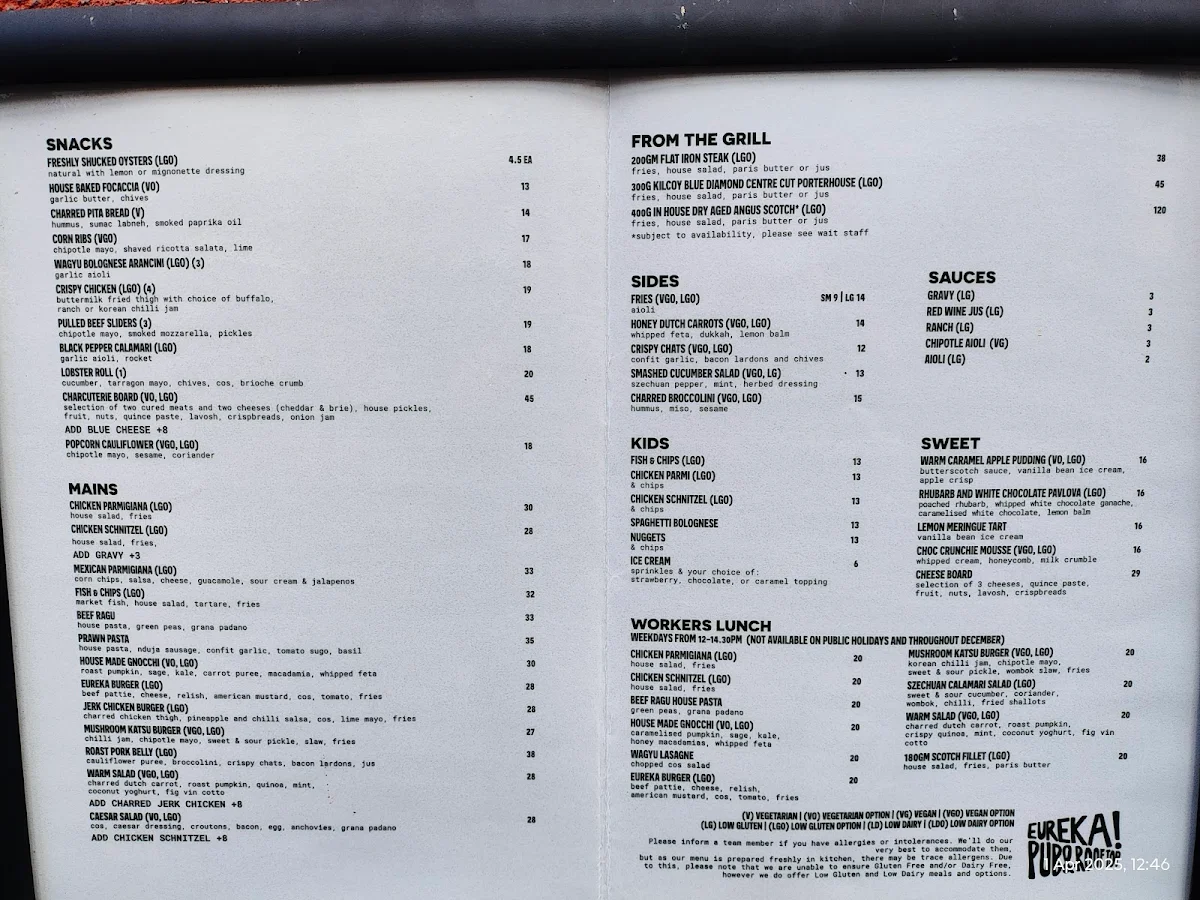 Menu, Eureka Hotel