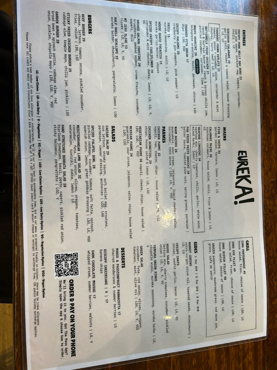 Menu, Eureka Hotel