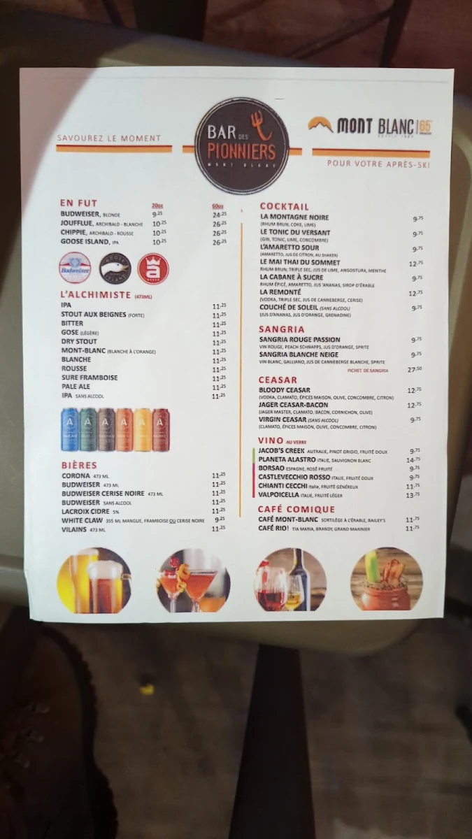 Menu, Resto-Bar des Pionniers