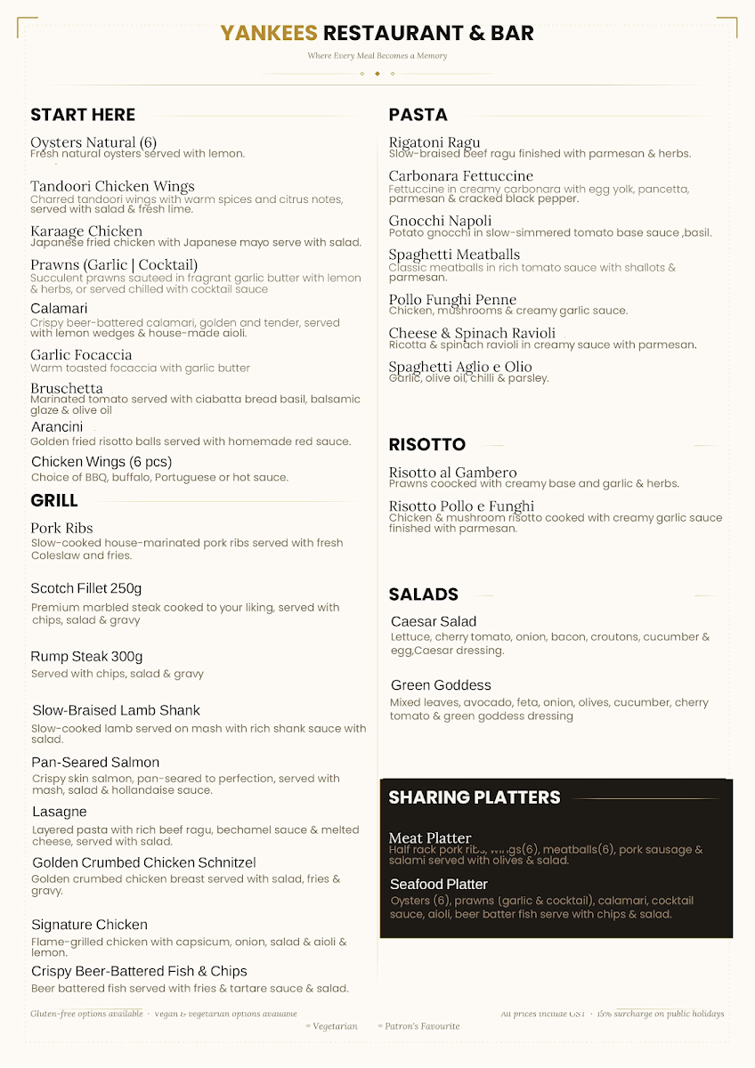 Menu, The Yankees Restaurant and Bar - Hope Island