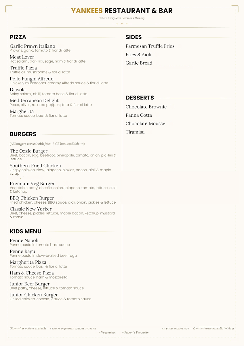 Menu, The Yankees Restaurant and Bar - Hope Island