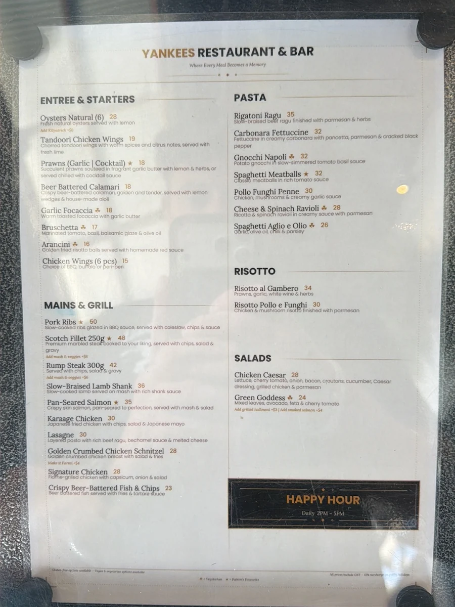 Menu, The Yankees Restaurant and Bar - Hope Island