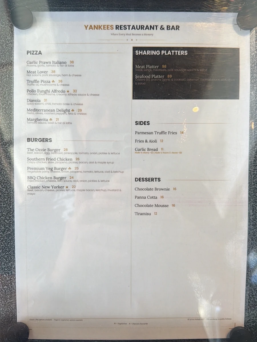 Menu, The Yankees Restaurant and Bar - Hope Island