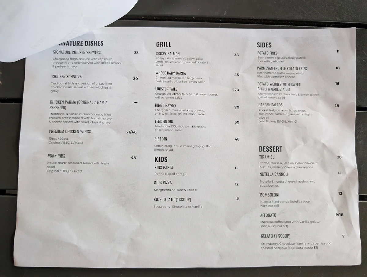 Menu, The Yankees Restaurant and Bar - Hope Island