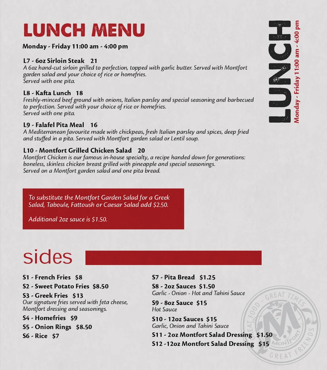 Menu, Montfort Mediterranean Grill - Ancaster