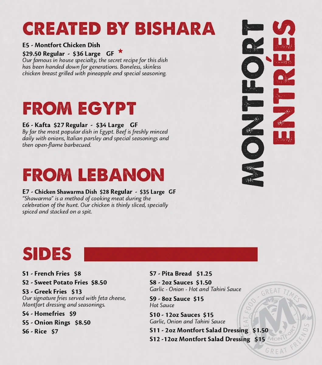 Menu, Montfort Mediterranean Grill - Ancaster