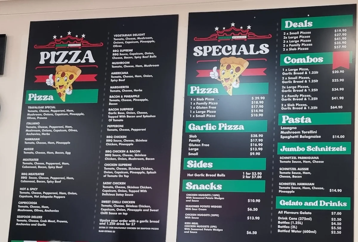 Menu, Trafalgar Pizza