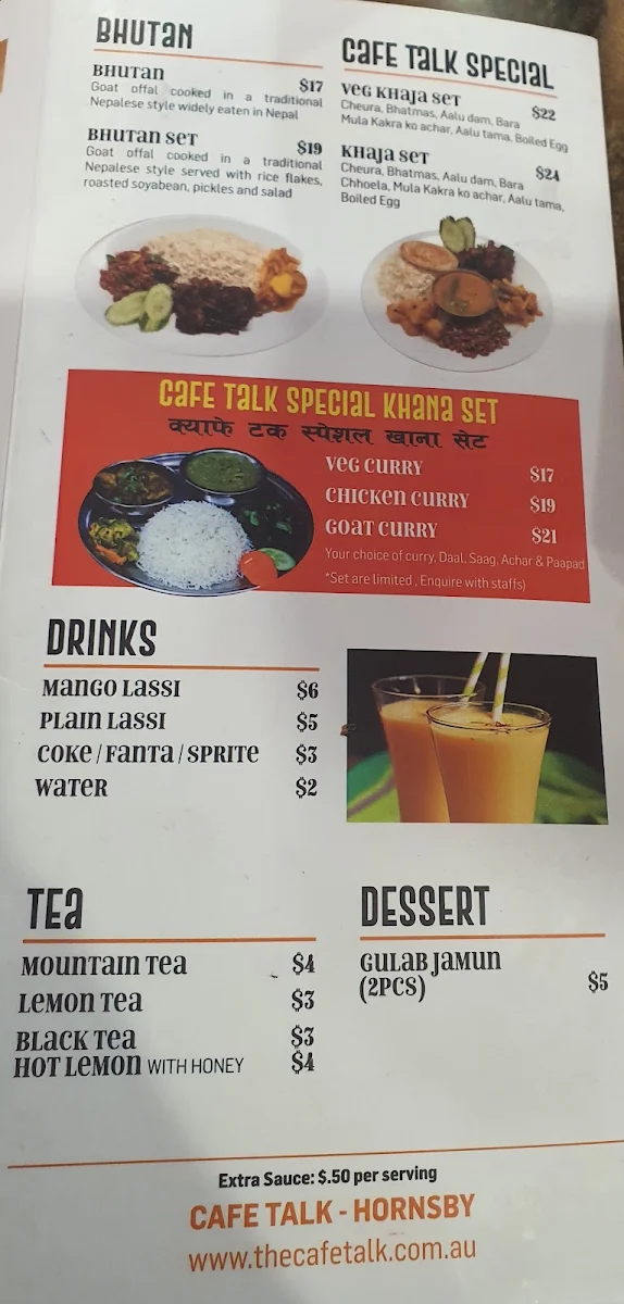 Menu, Cafe Talk Nepalese Restaurant - Hornsby