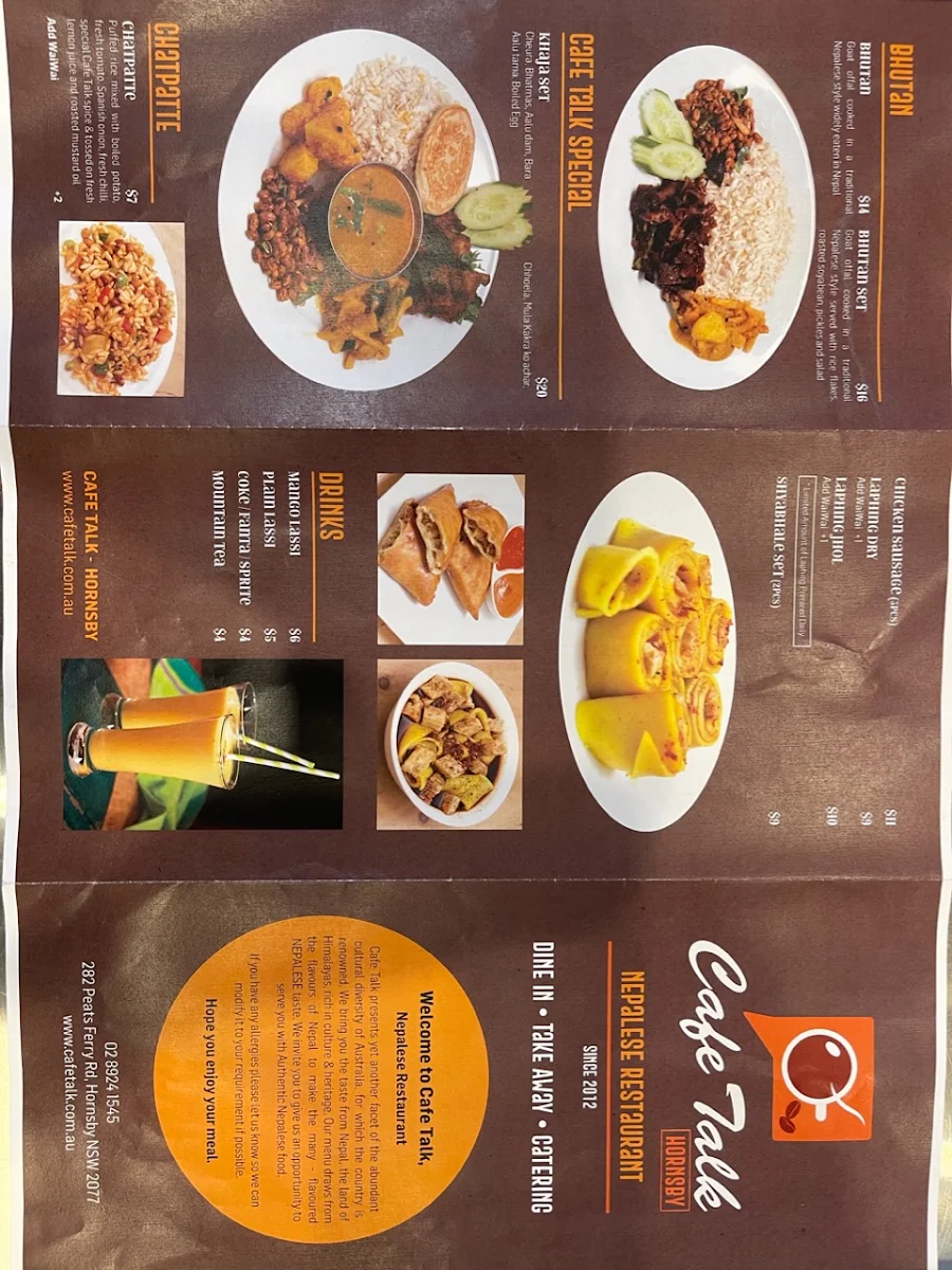 Menu, Cafe Talk Nepalese Restaurant - Hornsby