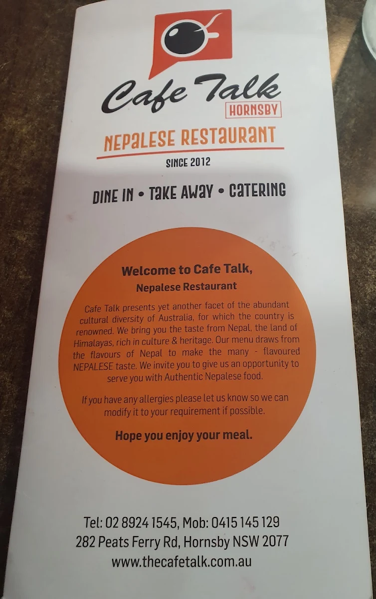 Menu, Cafe Talk Nepalese Restaurant - Hornsby