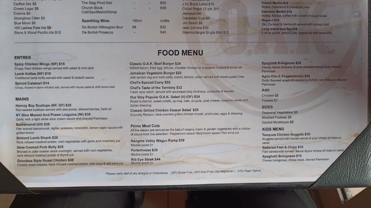 Menu, The O.A.K. - Original Australian Kitchen Darwin