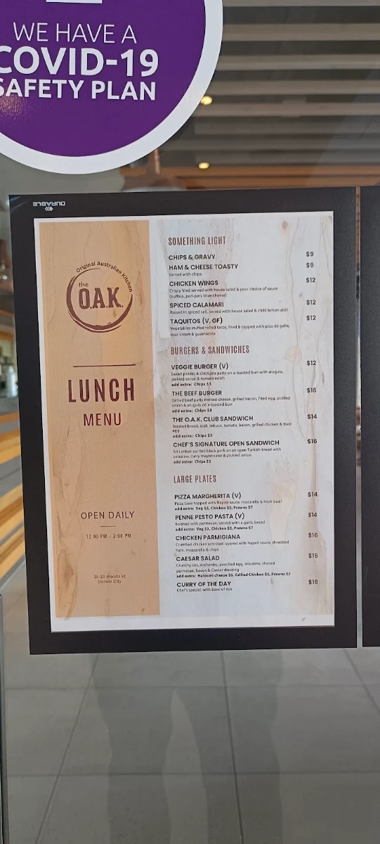 Menu, The O.A.K. - Original Australian Kitchen Darwin