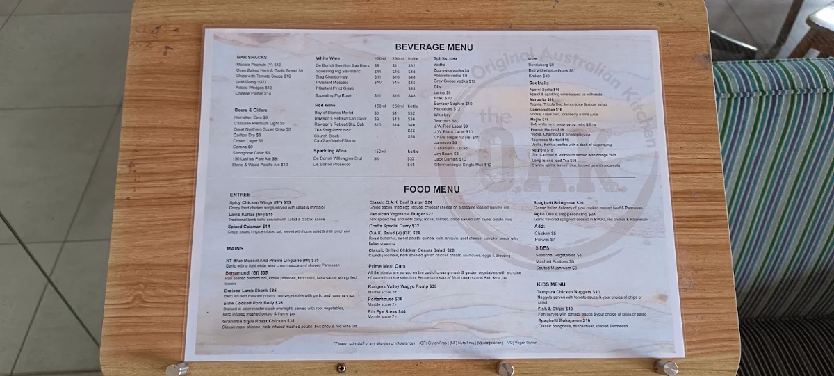 Menu, The O.A.K. - Original Australian Kitchen Darwin