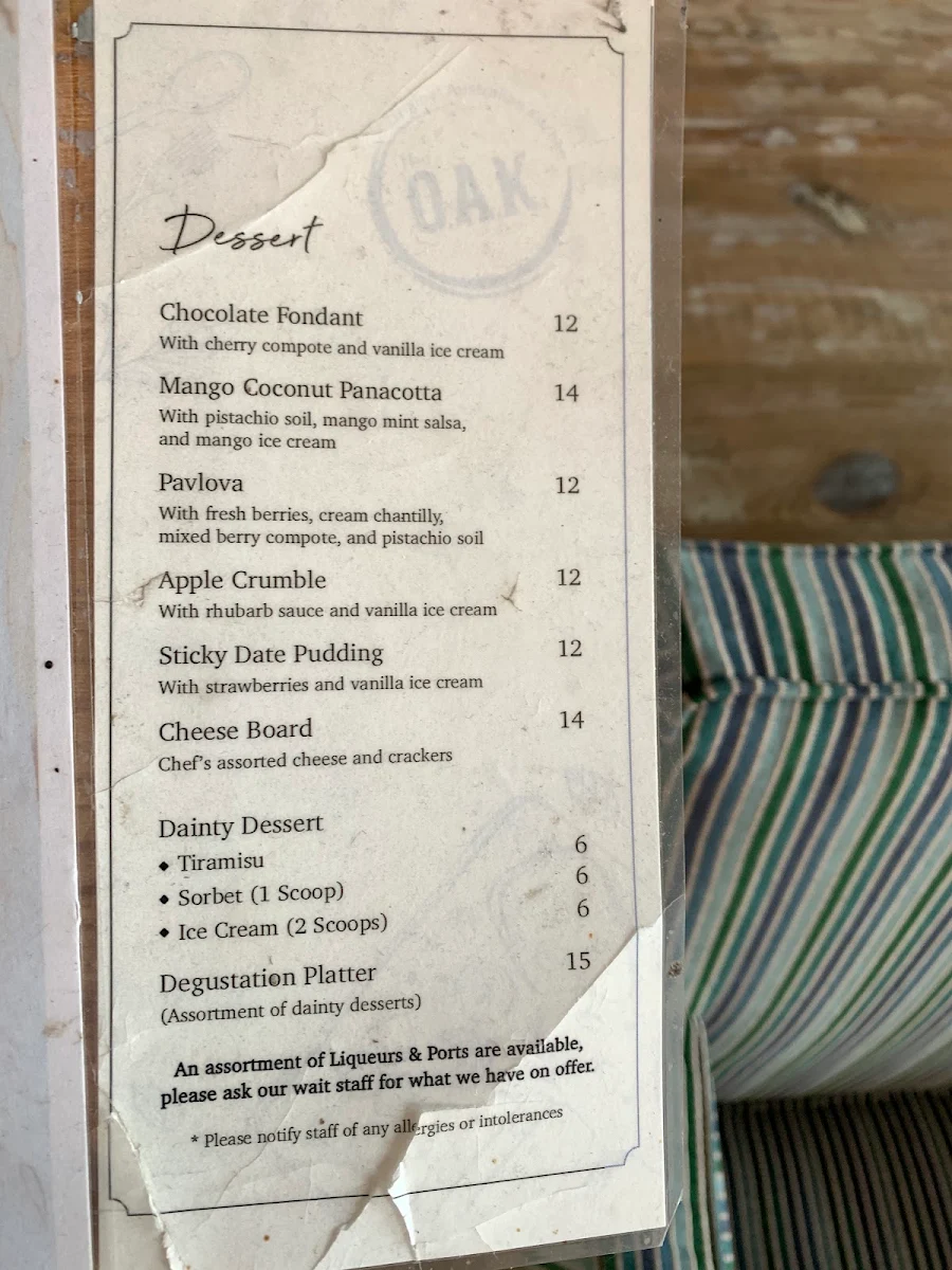 Menu, The O.A.K. - Original Australian Kitchen Darwin