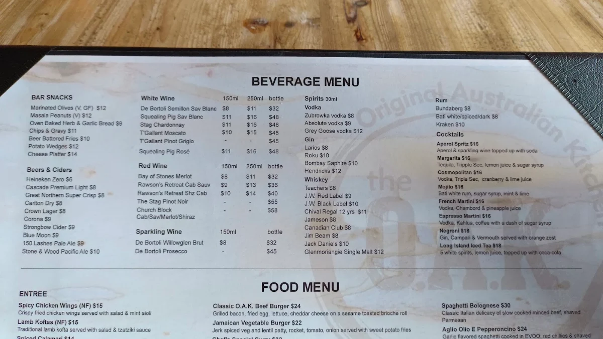 Menu, The O.A.K. - Original Australian Kitchen Darwin