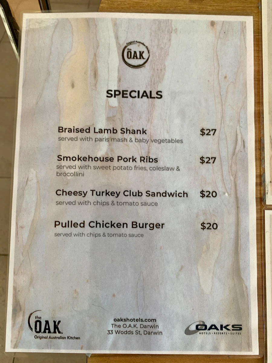 Menu, The O.A.K. - Original Australian Kitchen Darwin