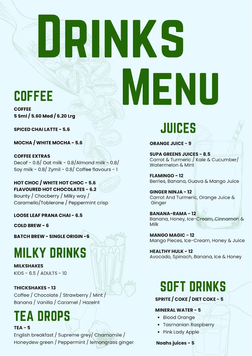 Menu, Parkers Cafe