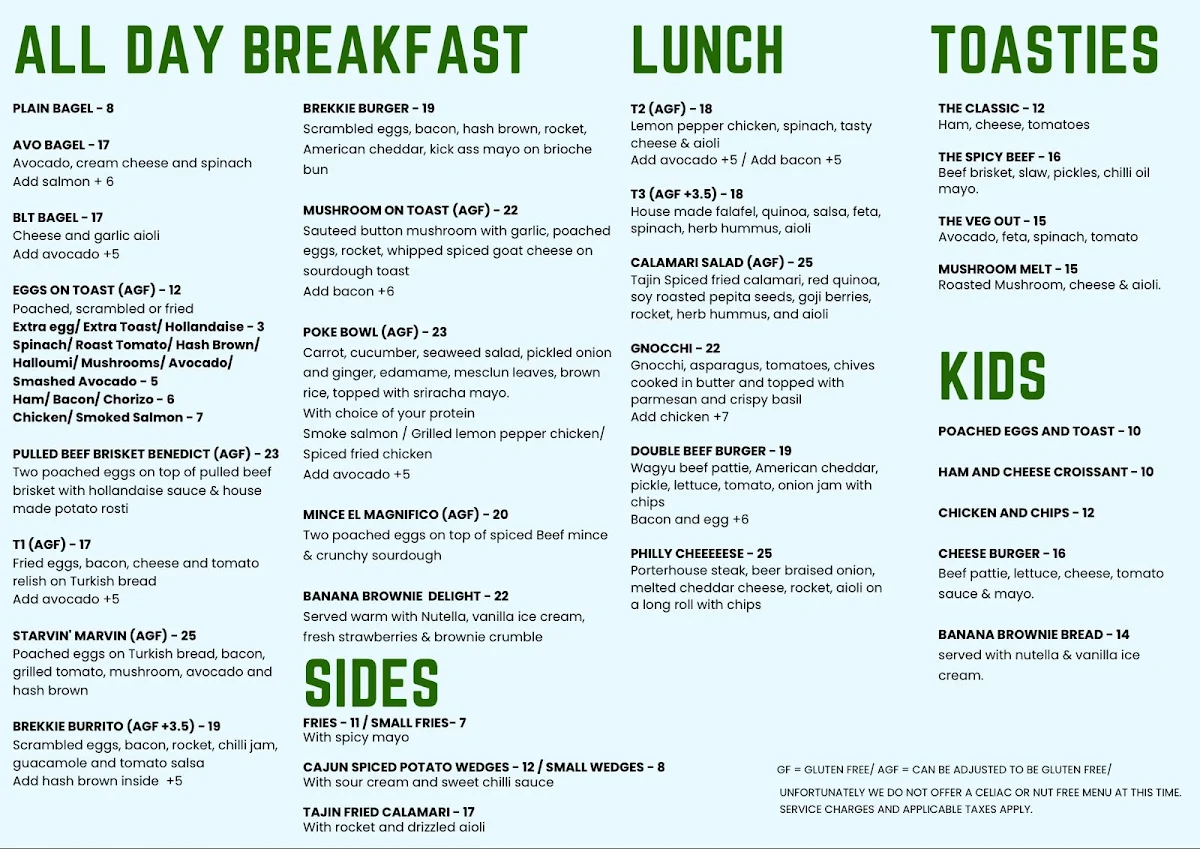 Menu, Parkers Cafe