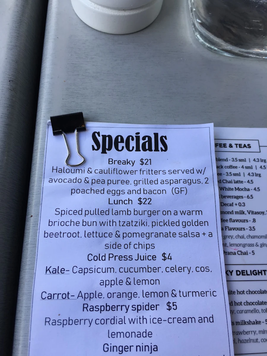 Menu, Parkers Cafe