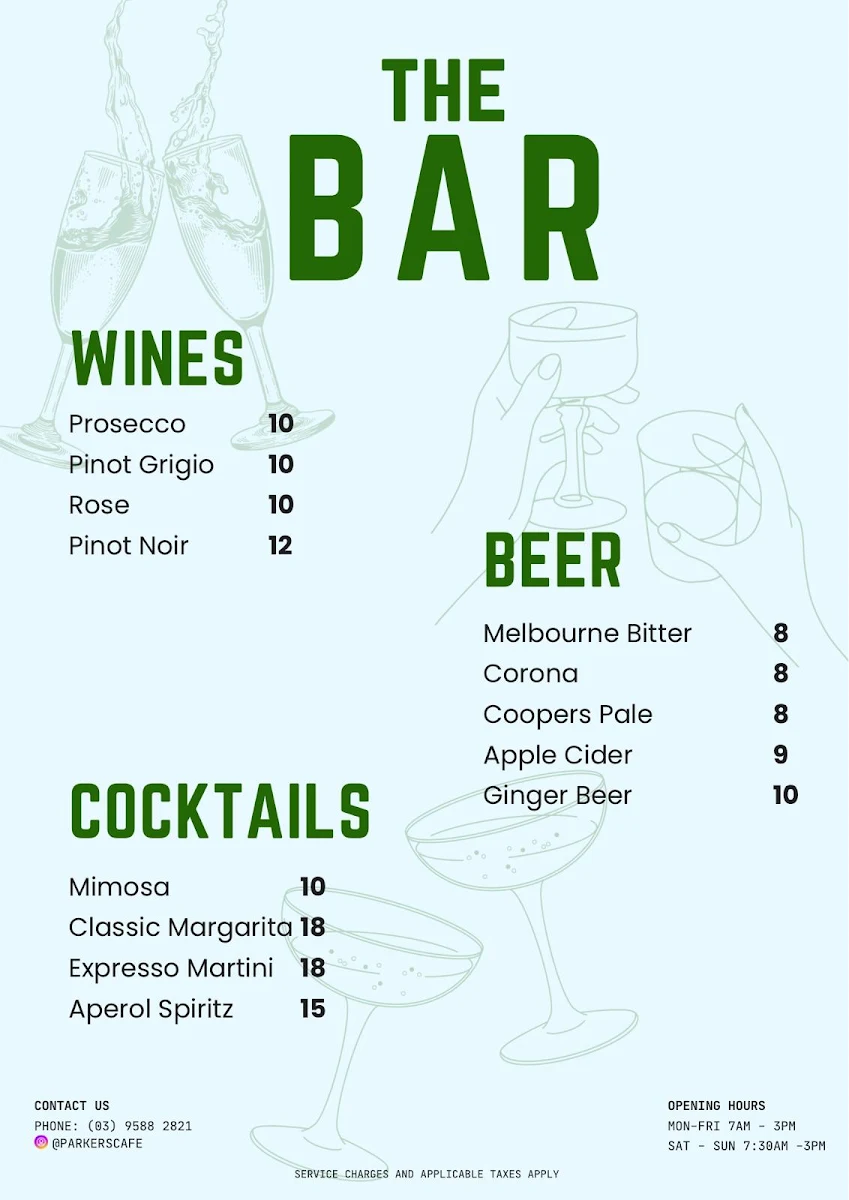 Menu, Parkers Cafe