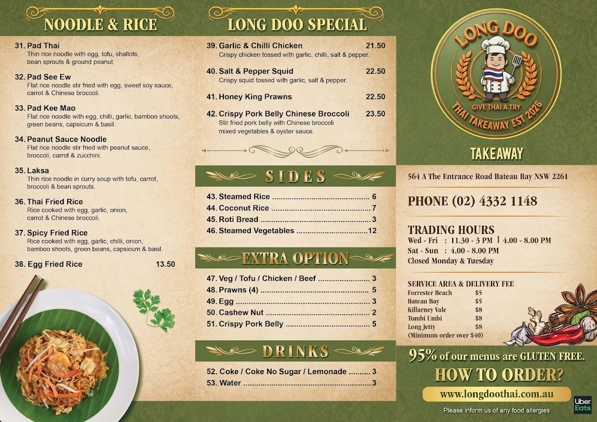 Menu, Long Doo Thai Takeaway