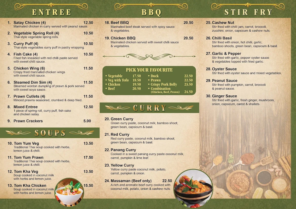 Menu, Long Doo Thai Takeaway