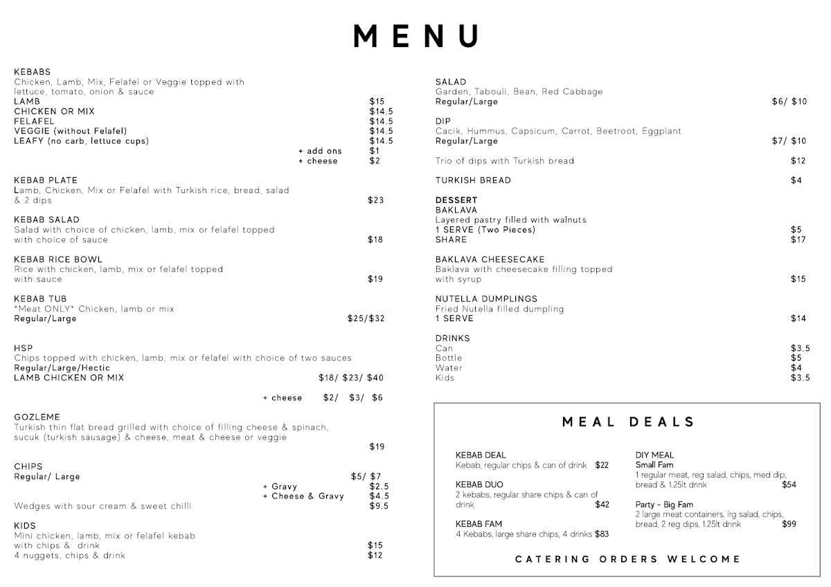Menu, Kebabs on High