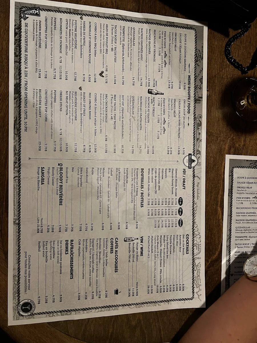 Menu, Pub Le Belvédère