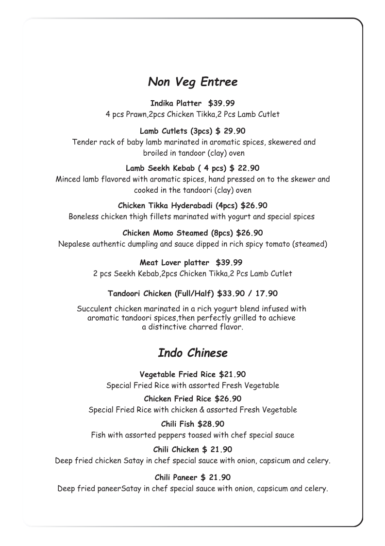 Menu, Indika Berry - The House of Tandoor - Best Indian Restaurant