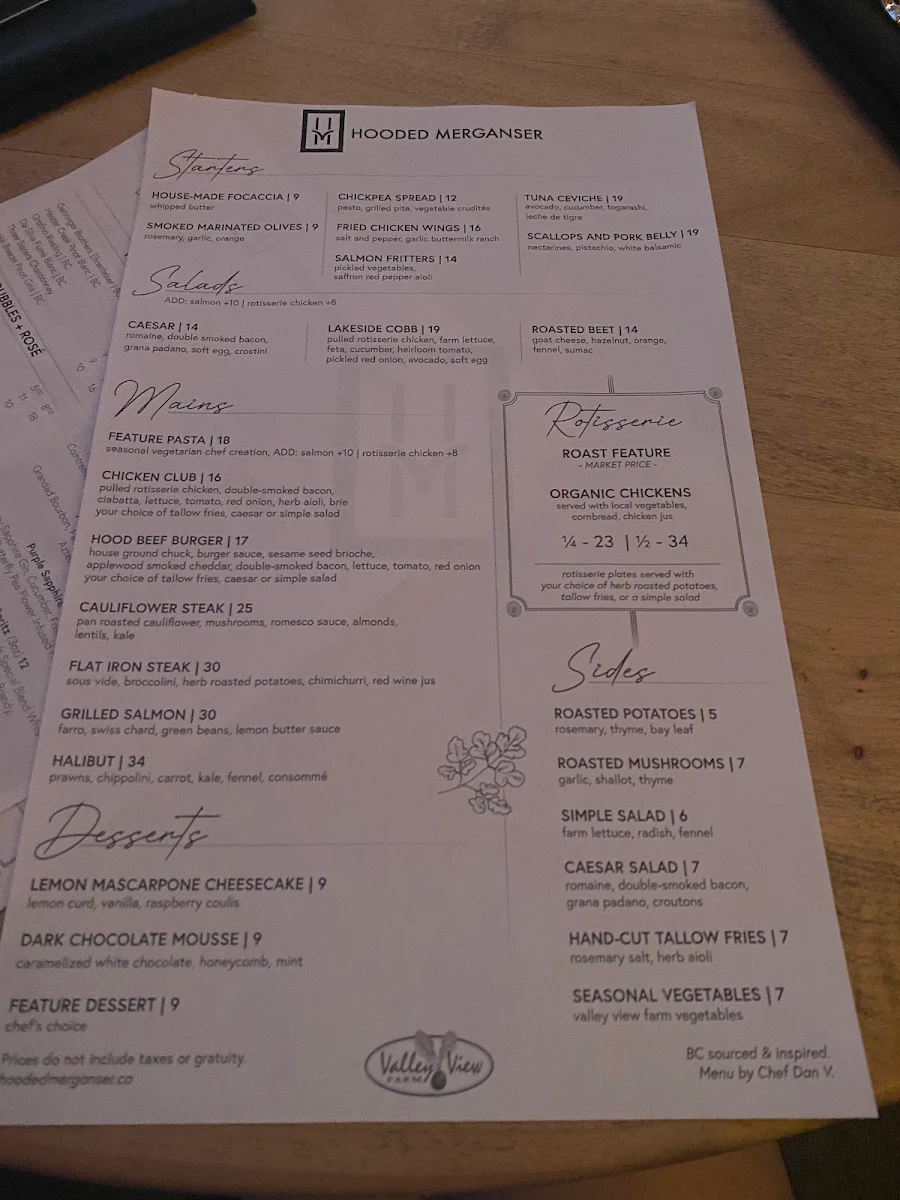 Menu, Hooded Merganser Restaurant