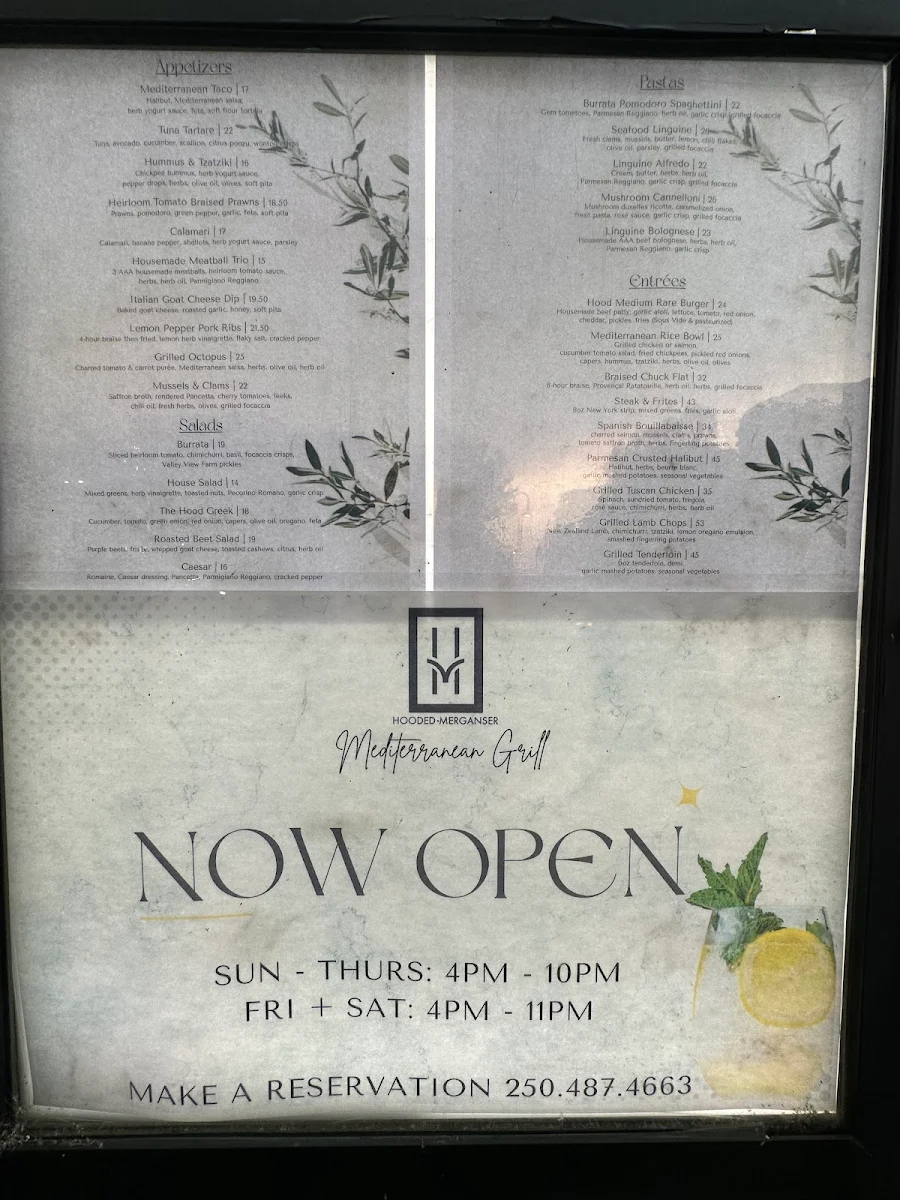 Menu, Hooded Merganser Restaurant