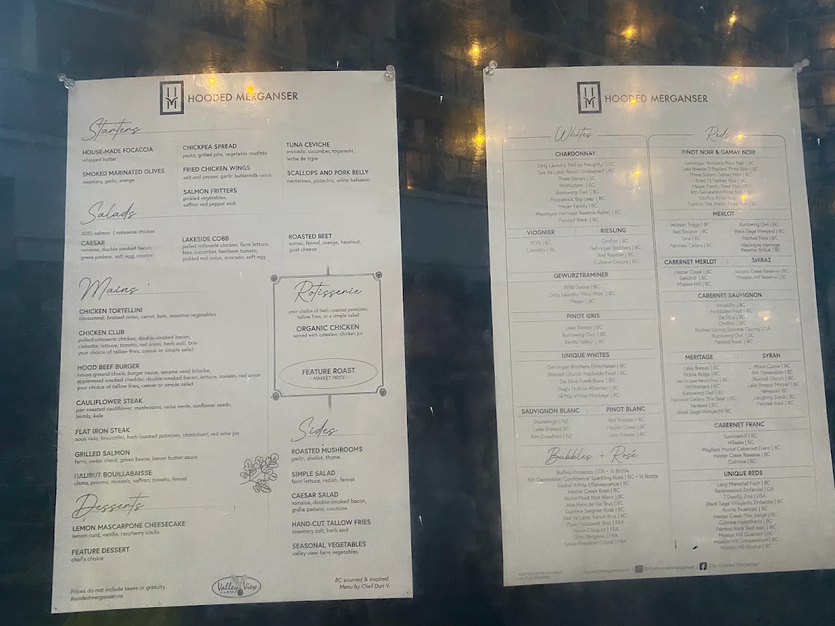 Menu, Hooded Merganser Restaurant
